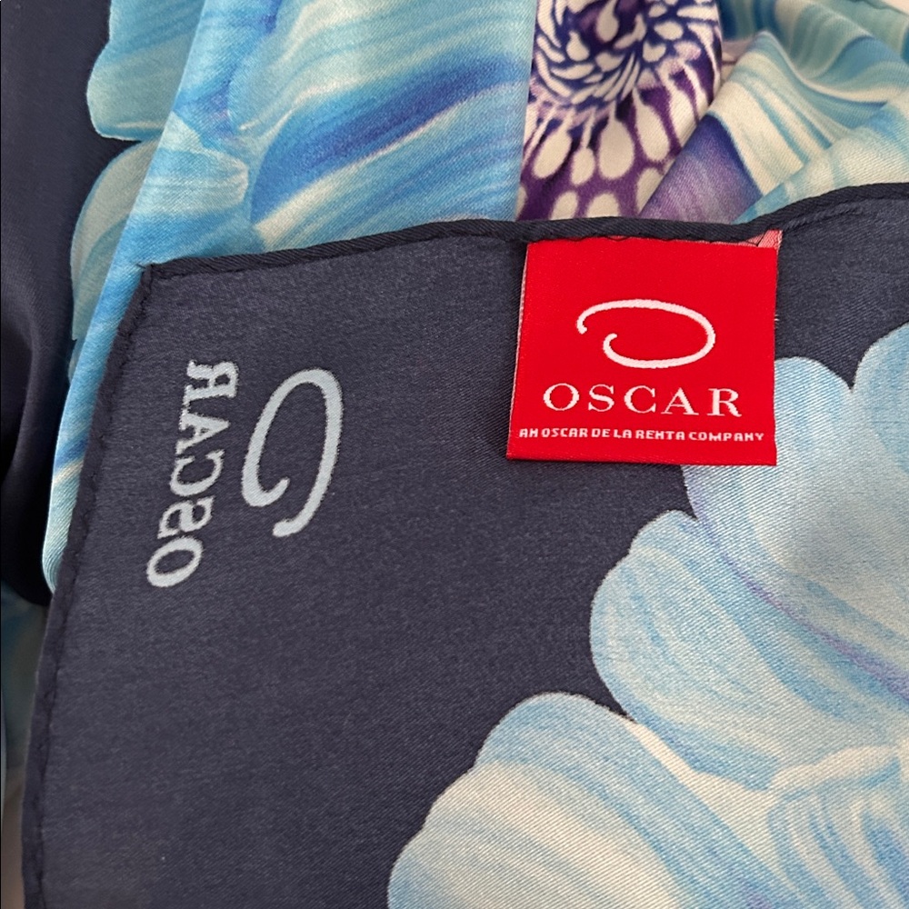 Vintage Oscar de la Renta Blue and Purple Floral Silk Scarf - Picture 5 of 6